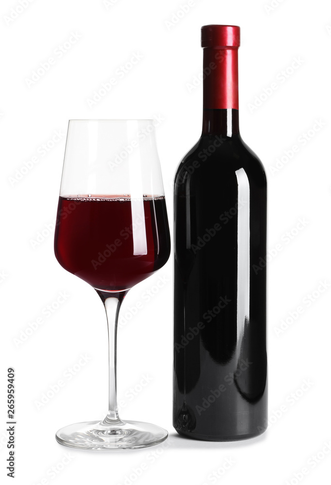 Glass and bottle of delicious red wine on white background Glass and bottle of delicious red wine on white background