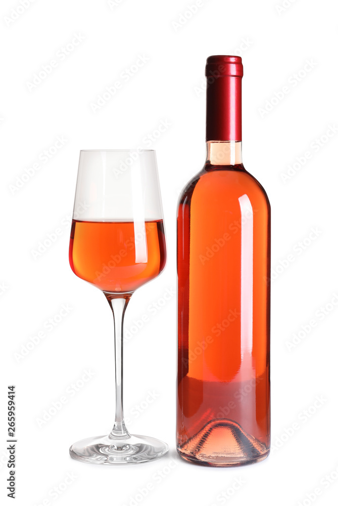 Glass and bottle of delicious wine on white background Glass and bottle of delicious wine on white background