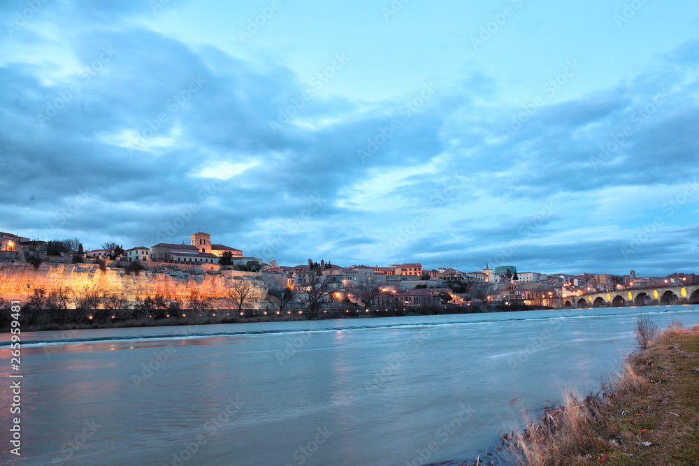 Panoramic Zamora with the Romanesque cathedral and the river Duero, Spain