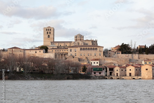 Panoramic Zamora with the Romanesque cathedral and the river Duero  Spain