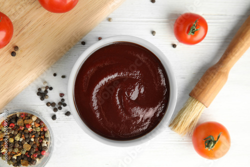 Konstfotografi Flat lay composition with barbecue sauce on white wooden background