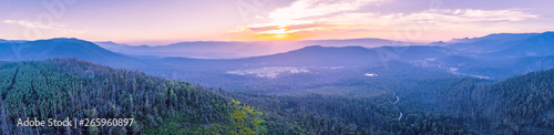 Wide aerial panorama of beautiful sunset over mountains in Yarra Ranges National Park, Victoria, Australia