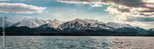 Mystery view from snowy peaks and lake Panorama