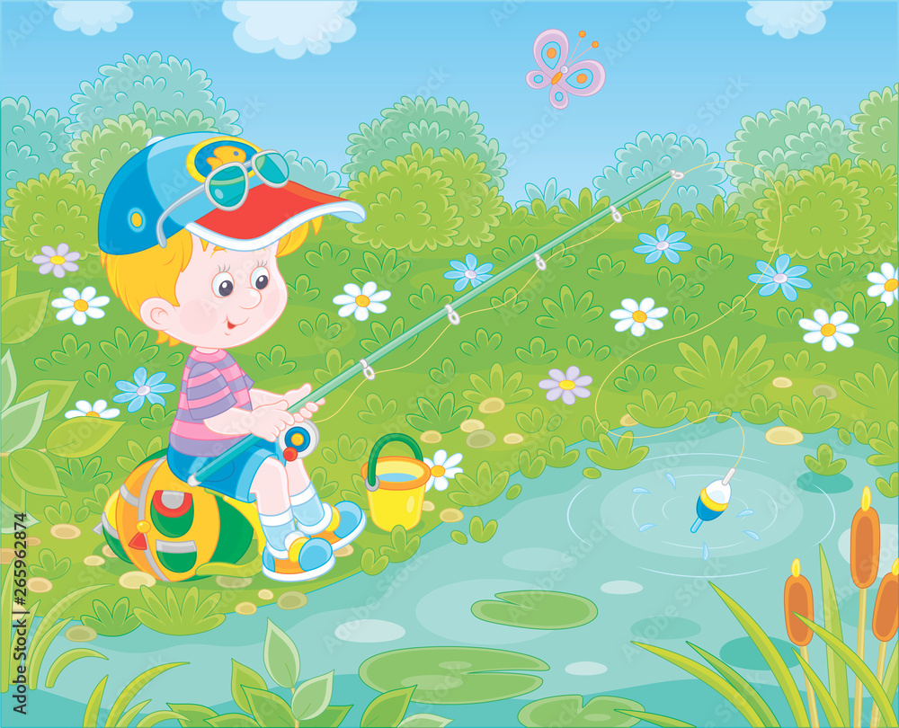 Little boy with a fishing-rod catching fish in a small pond on a summer  day, vector illustration in a cartoon style Stock Vector