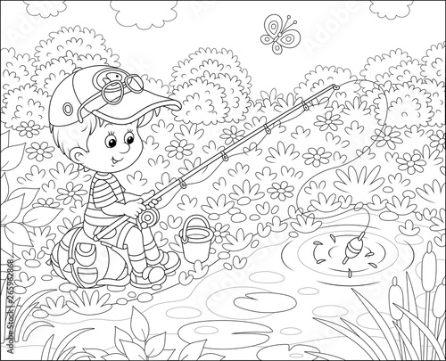 Little boy with a fishing-rod catching fish in a small pond on a sunny summer day, black and white vector illustration in a cartoon style for a coloring book