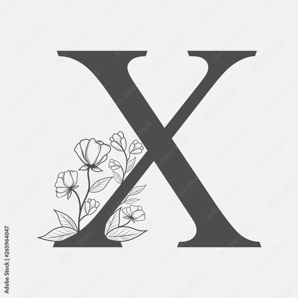 Uppercase Letter X with flowers and branches. Vector flowered monogram or logo. Hand Drawn concept. Botanical design branding. Composition of letter and flowers for wedding card, invitations, brand Uppercase Letter X with flowers and branches. Vector flowered monogram or logo. Hand Drawn concept. Botanical design branding. Composition of letter and flowers for wedding card, invitations, brand
