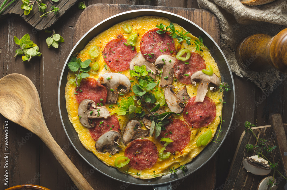 Homemade delish egg omelette with salami Homemade delish egg omelette with salami