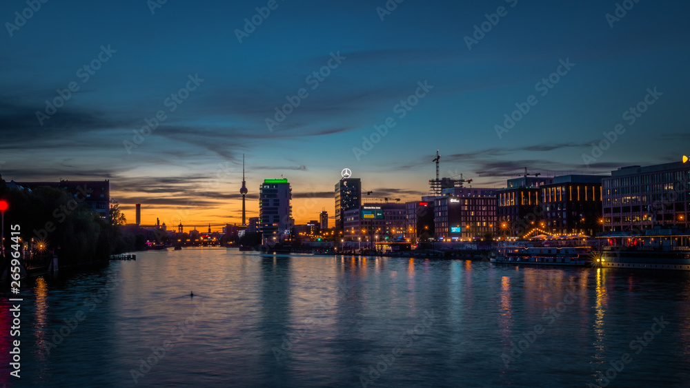 Berlin Skyline, City Panorama with blue sky sunset at the river Spree