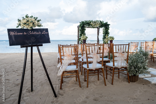 Wedding set up with ocean view. Tropical destination wedding concept