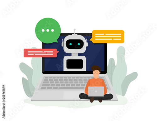 Conversation with chatbot online on laptop. Customer service and support. Artificial intelligence concept. Vector illustration. Flat design. EPS 10.