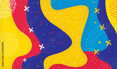 Abstract pop art color background in memphis 80s-90s style. Vector illustration colorful spotty pattern. Bright red, yellow and blue paint splash.