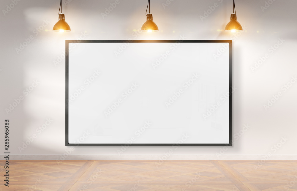 Frame hanging bright white museum with wooden floor mockup 3D rendering - obrazy, fototapety, plakaty 