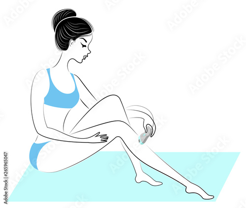 Profile of a beautiful lady. A girl makes a depilation of her legs by a epilator herself. Vector illustration