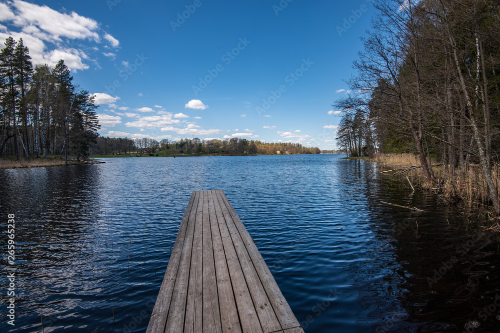 wooden plank foothpath boardwalk trampoline in the lake wooden plank foothpath boardwalk trampoline in the lake