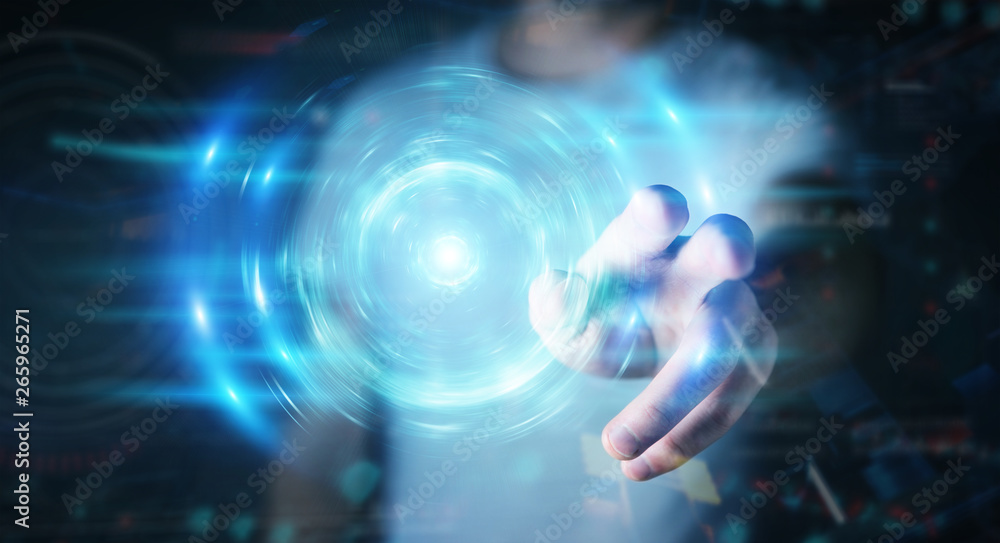 Businessman creating new futuristic energy power source 3D rendering Businessman creating new futuristic energy power source 3D rendering