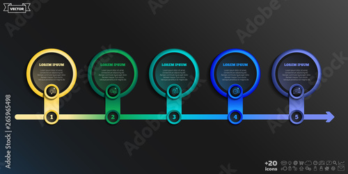 Timeline infographics design with colorful circle. Business concept. 5 options, parts, steps. Can be used for graph, diagram, chart, workflow layout, number options, web. Vector illustration.
