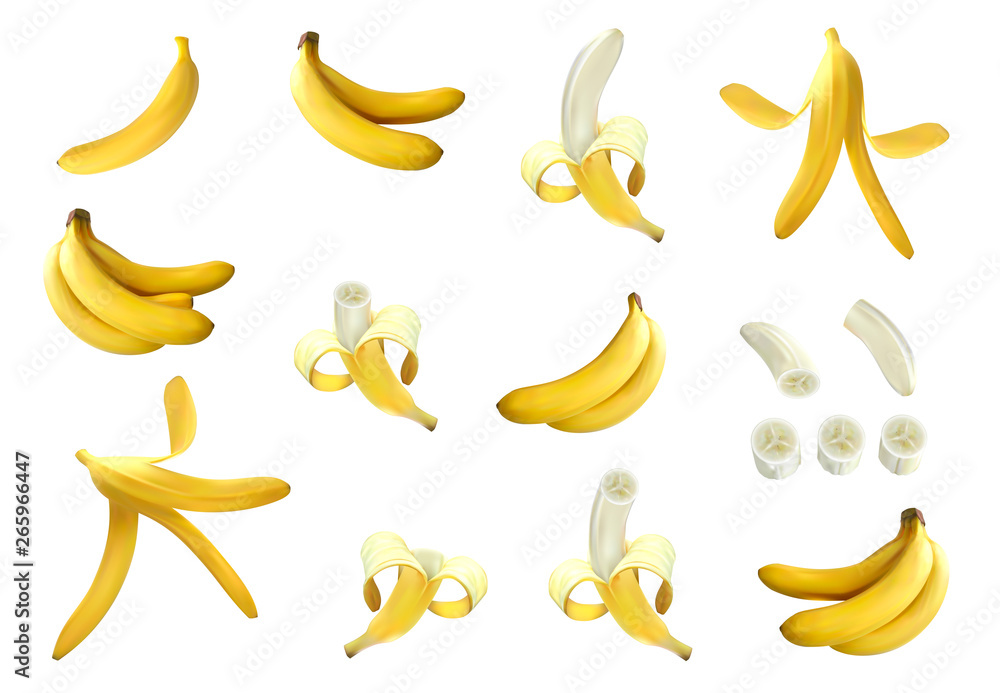 Bananas big vector realistic set 3d illustration. Whole, half peeled, bunch of bananas, sliced, banana peel. Tasty sweet yellow bananas for advertising and package design. Isolated on white 