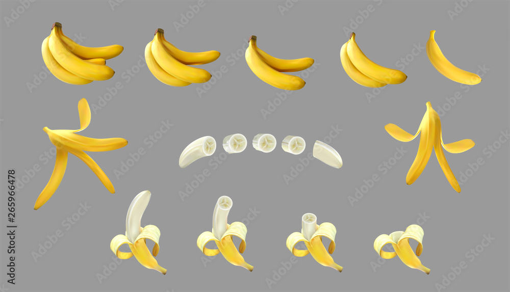 Bananas vector big realistic set 3d illustration. Whole, half peeled, bunch of bananas, sliced, banana peel. Tasty sweet yellow bananas for advertising and package design. Isolated on white Bananas vector big realistic set 3d illustration. Whole, half peeled, bunch of bananas, sliced, banana peel. Tasty sweet yellow bananas for advertising and package design. Isolated on white