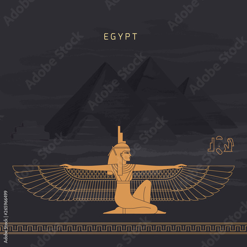 Vector illustration Egyptian fertility goddess Isis isolated on hand-drawn background from Egyptian pyramids, symbol of femininity and marital fidelity, goddess of navigation, daughter of Hebe and Nut photo