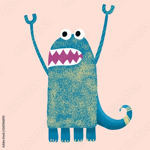 Character funny jagged cute monster for wallpaper design. Hand drawn design vector watercolor. Happy cartoon fluffy monster. Cool monster vector design. Funny cartoon character.