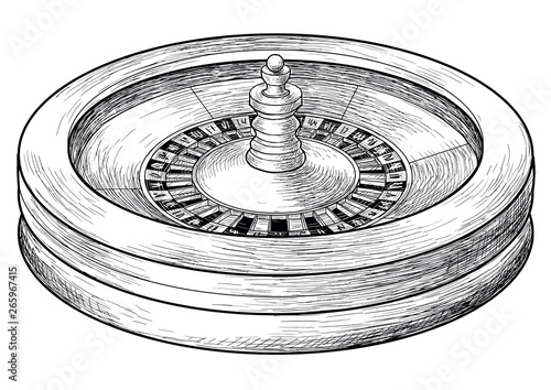 Casino roulette illustration, drawing, engraving, ink, line art, vector
