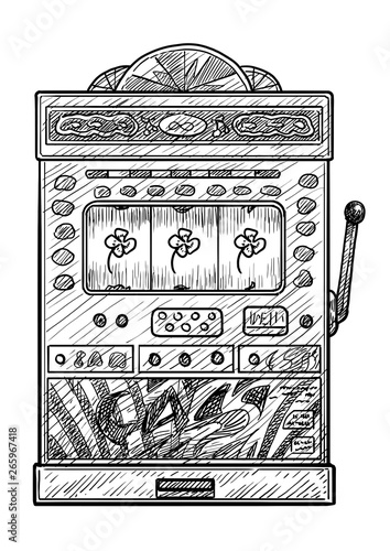 Slot machine illustration, drawing, engraving, ink, line art, vector