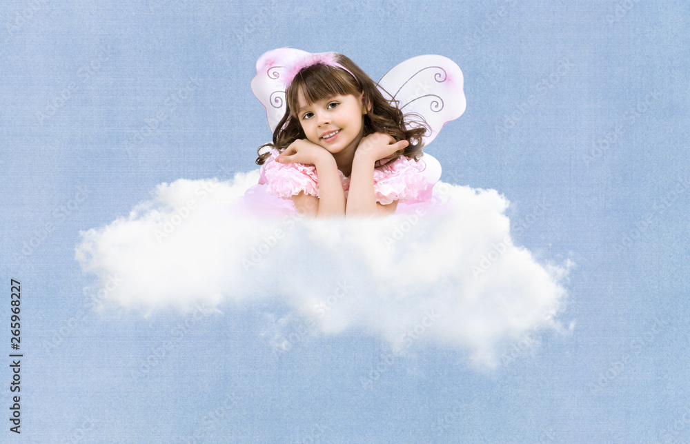 beautiful little girl flying on cloud beautiful little girl flying on cloud