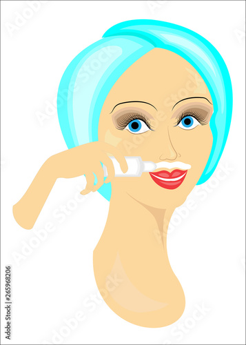 The face of a girl. The lady does the facial depilation on her own. Removes hair over the upper lip. Vector illustration photo