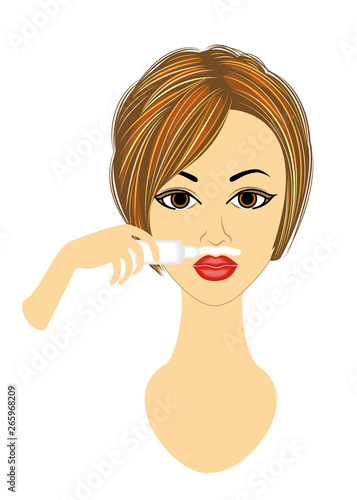 The face of a girl. The lady does the facial depilation on her own. Removes hair over the upper lip. Vector illustration photo