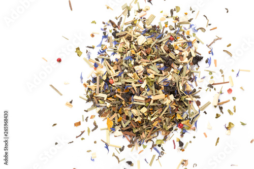 Herbal tea on a white background. Top view.