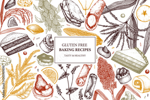 Gluten free baking design. Hand drawn cereal crops sketches. Tasty and healthy food illustration. Farm market products. Great for bakery, packaging, menu, label. Vector pastry and desserts template.