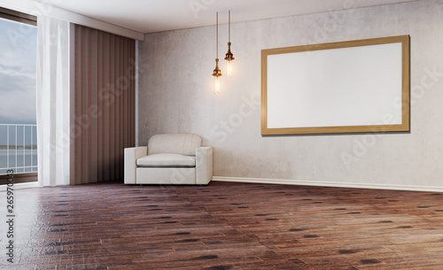 Empty modern room with a large window. Old light bulbs. Floor of shabby parquet. White armchair. Concrete wall.. 3D rendering Blank paintings.  Mockup.