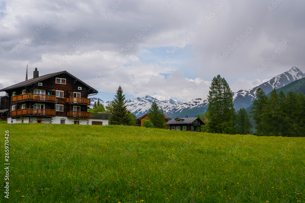 Obraz premium Colorful summer view of small village Ernen canton of Valais, Switzerland in summer day. Outdoor scene in Swiss Alps. Beautiful countryside. Nature landscape. Post card.
