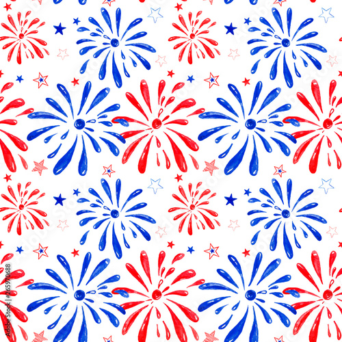 Watercolor red and blue colored fireworks seamless pattern. Independence or memorial day background. Hand painted salute festival for cards design, 4th of july greetings, new year congratulations.