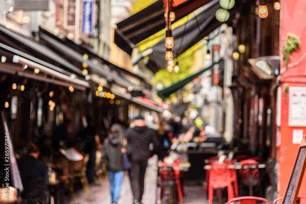 Hardware Lane in Melbourne, Australia is a popular tourist area filled with cafes and restaurants featuring al fresco dining.