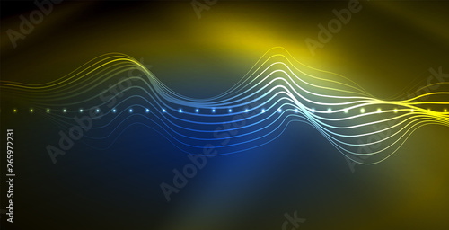Glowing abstract wave on dark, shiny motion, magic space light. Techno abstract background