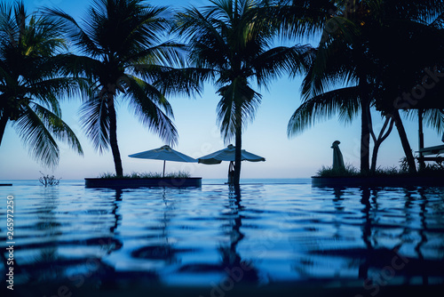 Swimming pool with palm trees near the ocean. Umbrellas, outdoor pool in hotel and resort with coconut palm tree on tthe bakground blue sky during sunset. Vacations in the tropics. Luxury holiday.