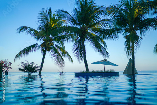 Luxury swimming pool. A beach on tropic coast, white beach umbrellas, sunbeds and palm trees against the sea. Natural garden in luxurious resort. Flower trees and green plants. Toned image.