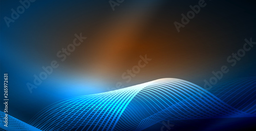 Glowing abstract wave on dark, shiny motion, magic space light. Vector techno abstract background