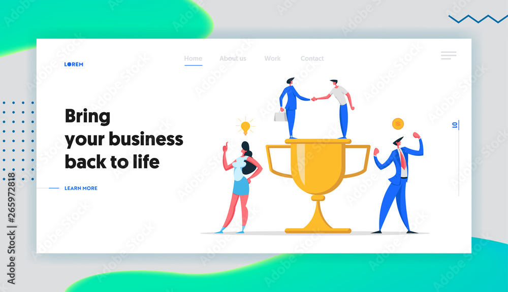 Business Team Success Concept with Characters and Cup Landing Page. Teamwork Achievement, Partnership Man and Woman Celebrating with Trophy Banner Website. Vector flat illustration Business Team Success Concept with Characters and Cup Landing Page. Teamwork Achievement, Partnership Man and Woman Celebrating with Trophy Banner Website. Vector flat illustration