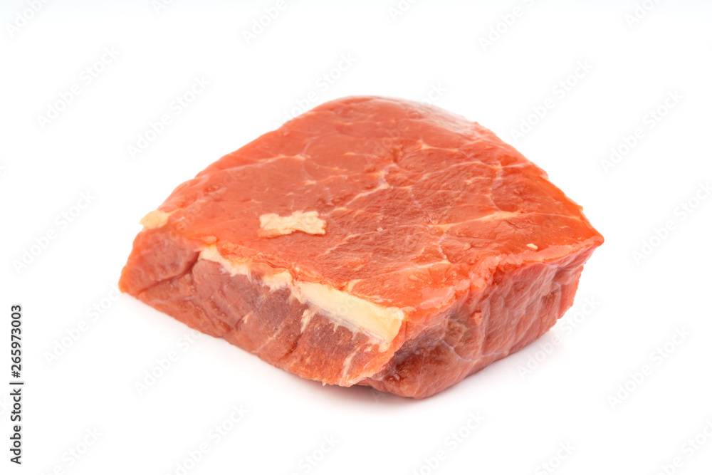 Fresh raw beef meat slices isolated over white background. Selective focus