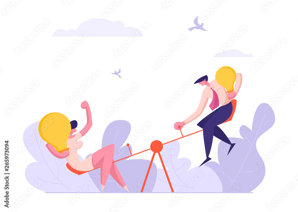 Business Competition Concept with Man and Woman Characters with Light Bulb. Business Challenge Opportunity. Businesswoman Celebrating Victory. Vector flat illustration