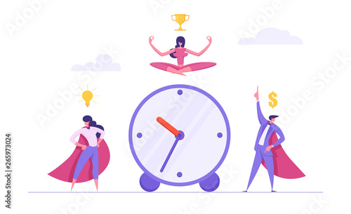 Time Management Concept with Successful Team Business Characters. Organization of Work Process with Alarm Clock and Businessmen. Super Woman with Idea Light Bulb. Vector flat cartoon illustration