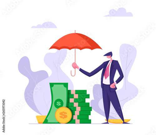 Money Insurance Concept with Businessman Holding Umbrella Under Stack of Banknotes. Money Protection Financial Savings, Secure Investment. Vector flat cartoon illustration