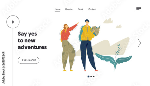 Hiking Tourists in the Mountains Adventure Landing Page. Traveling Couple Walking Trekking. Tourism Concept with Backpacker Characters Man and Woman Website Banner. Vector flat cartoon illustration