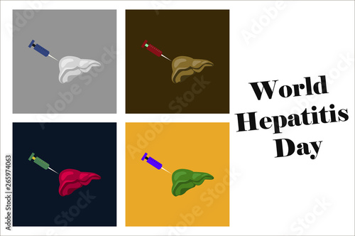assembly of flat icons on theme world hepatitis day . syringe and liver