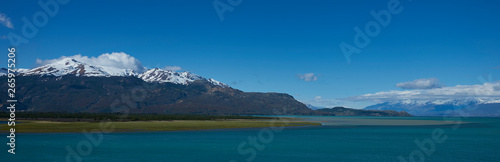 Landscape along the Carretera Austral next to the azure blue waters of Lago General Carrera in Patagonia, Chile