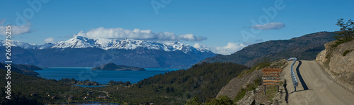 Landscape along the Carretera Austral next to the azure blue waters of Lago General Carrera in Patagonia, Chile. Lago Bertrand in the foreground. © JeremyRichards