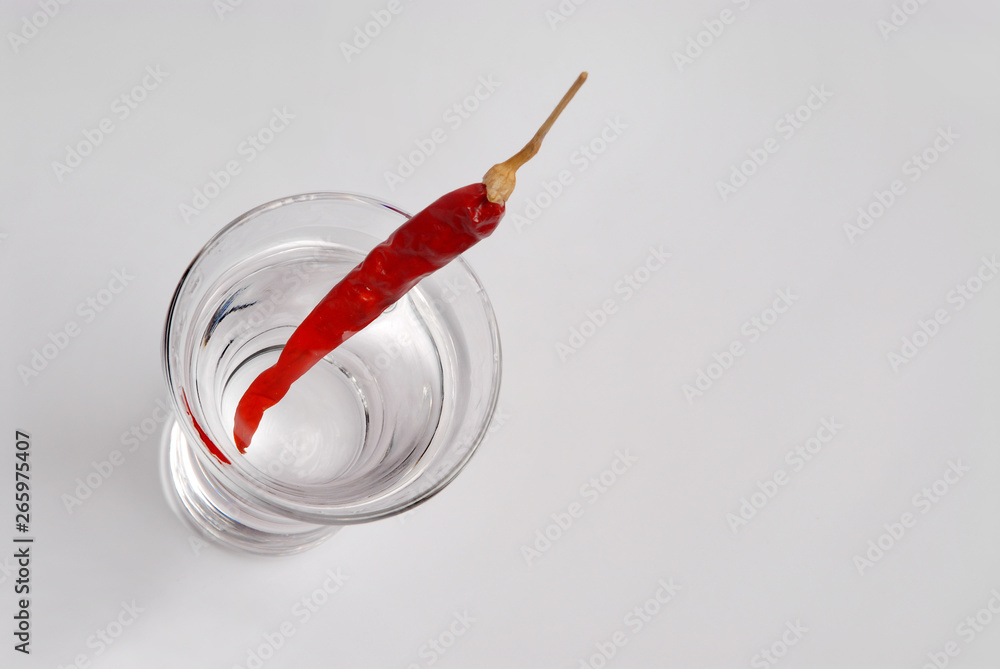 Shot of vodka and red hot chili pepper. Isolated on gray background Shot of vodka and red hot chili pepper. Isolated on gray background