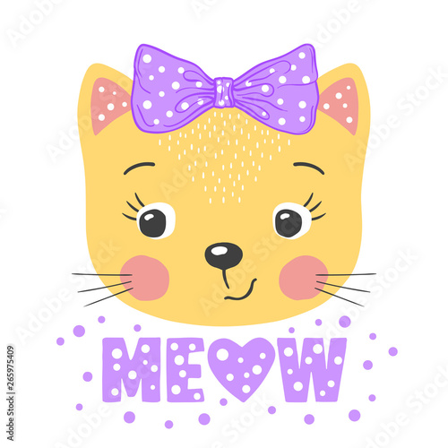 Cat girl face with bow. Meow slogan. Cute cartoon vector illustration design for t-shirt graphics, fashion prints